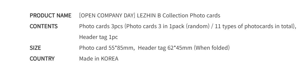 Exclusive Official LEZHIN B Collection Photo Cards - OPEN COMPANY DAY Set